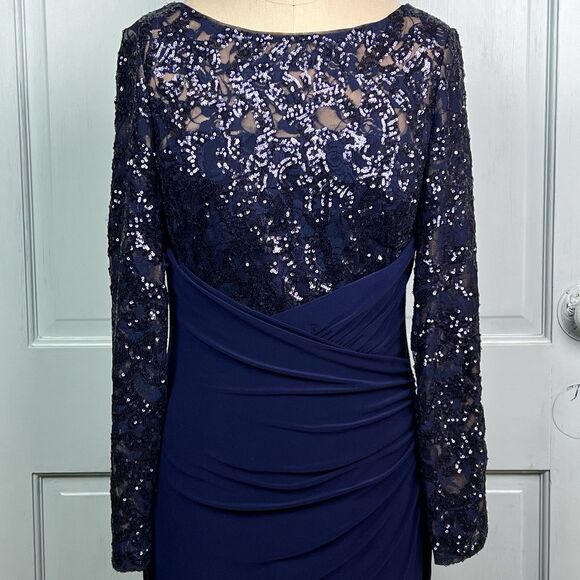Lauren Ralph Lauren Blue Sequin Cocktail Dress Sheath Long Sleeve Ruched Skirt L - Picture 3 of 16